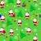 Seamless Christmas pattern Santa Claus in different poses, forest firs, snowflakes, gifts, stars on a green background.