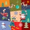 Seamless Christmas pattern with Santa Claus, new year decoration and cute cartoon animals on colorful patchwork background.