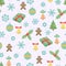 Seamless Christmas pattern with snowflakes, gingerbread men, Christmas trees, bells and another elements