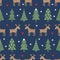 Seamless Christmas pattern - varied Xmas trees, deer, stars and snowflakes.