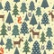 Seamless Christmas pattern - varied Xmas trees, houses,foxes, owls and deers.