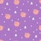 Seamless Christmas pattern with white pink piglets and forest trees on a bright purple square