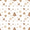 Seamless Christmas pattern. Wooden decorative Christmas trees, stars, deer and hearts. Xmas and New Year greeting cards