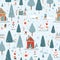 Seamless Christmas street concept, paper buildings, Santa Claus, snowman, lanterns, benches, trees, snowflakes. By Generative AI