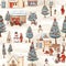 Seamless Christmas street concept, paper buildings, Santa Claus, snowman, lanterns, benches, trees, snowflakes. By Generative AI