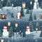 Seamless Christmas street concept, paper buildings, Santa Claus, snowman, lanterns, benches, trees, snowflakes. By Generative AI