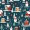 Seamless Christmas street concept, Scandinavian style white paper buildings with funny Santa Claus and snowmen. With AI Generative