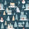Seamless Christmas street concept, Scandinavian style white paper buildings with funny Santa Claus and snowmen. By AI Generative