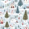 Seamless Christmas street concept, Scandinavian style white paper buildings with funny Santa Claus and snowmen. AI Generative