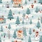 Seamless Christmas street concept, Scandinavian style white paper buildings with funny Santa Claus and snowmen. Generative by AI