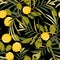 Seamless citrus pattern with palm leves. Hand drawn illustration with lemons. Template for print, textile.