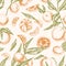 Seamless citrus pattern with whole mandarins, clementine slices, tangerine segments and leaves. Endless repeatable