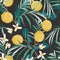 Seamless citrus vintage pattern with palm leves on black background. Hand drawn illustration with lemons.