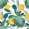 Seamless citrus vintage pattern with palm leves on white background.