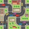 Seamless city map. Top view building and street with cars and trucks. Urban plan vector endless texture