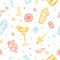 Seamless cocktail party pattern vector design with glasses, shakers, lemon. Colorful alcohol Doodle Engraving hand drawn