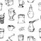 Seamless coffee pattern.glass cups, mug, coffee grinder, coffee maker, coffee beans, milk jug