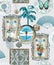 Seamless collage of frames, flowers, ceramic, butterfly, hand fan, ornamental motifs surface pattern textile design