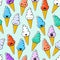 Seamless color pattern of different ice cream doodle emotion.