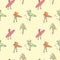 Seamless color pattern with girls with surf boards walking along the beach.