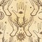 Seamless color pattern: human hands support a palm with an all-seeing eye. Esoteric, mysticism, occultism.