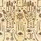 Seamless color pattern: human hands in tattoos, alchemical symbols.