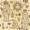 Seamless color pattern: human hands in tattoos, alchemical symbols. Esoteric, mysticism, occultism.