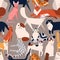 Seamless colored pattern with different cat breeds flat illustration. Creative decorative background with various pet