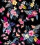 Seamless colored tropical flowers for textile; Retro Hawaiian style floral arrangement, vintage style with black background.