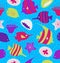 Seamless colorful background with cute fishes, jellyfishes. Marine texture, pattern with sea creatures, coral reefs.