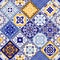 Seamless colorful patchwork in turkish style. Hand drawn background. Azulejos tiles patchwork. Portuguese and Spain decor. Islam