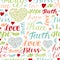 Seamless colorful pattern with hand lettering words Faith, hope, love, peace, bless, mercy.