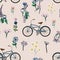 Seamless composition bicycle meadow flowers pink background