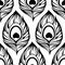 seamless contour pattern of black peacock feathers on a white background,