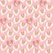 Seamless corgi background. Cute little faces of dogs with a protruding tongue in hearts on a pink background.