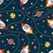 Seamless cosmic pattern with rocket, saturn, moon and star. Space pattern on dark background