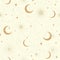 Seamless cosmic space pattern with sun, crescent and stars on a beige background.