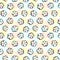 Seamless cotton pattern with flowers and fruits on a colorful pastel and white background. Ideal for wrapping paper, greeting