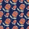 Seamless creative pattern with hand drawn doodle folk flower buds ornament. Navy blue background