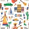 Seamless Cuban pattern with ethnic Latin food, car, boat, people, Havana cigar, rum, guitar and maracas on white