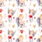 Seamless cupids pattern. Watercolor background with cute cupid child with wings and heart in hands, arrow, garlands and confetti