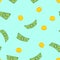 Seamless currency icon pattern background Falling US coin and dollar banknotes of American paper money background Vector illustrat