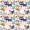 Seamless cute animal autumn pattern made with cat, bird, flower, plant, leaf, berry, heart, friend, floral, nature