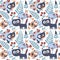 Seamless cute animal autumn pattern made with cat, bird, flower, plant, leaf, berry, heart, friend, floral nature acorn