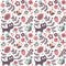 Seamless cute animal pattern made with cat, bird, flower, plant, leaf, berry, heart, friend, floral, nature