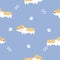 Seamless cute animal pet corgi dog repeat pattern with bone, foot print paw in blue background