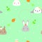 Seamless cute animal pet wildlife mammal bunny rabbit repeat pattern with leaf,carrot and flower in green background