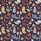 Seamless cute autumn pattern made with cat, bird, flower, plant, leaf, berry, heart, friend, floral, nature, acorn