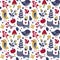 Seamless cute autumn pattern made with cat, bird, flower, plant, leaf, berry, heart, friend, floral, nature, acorn