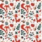 Seamless cute autumn pattern made with fox, bird, flower, plant, leaf, berry, heart, friend, floral, nature, acorn